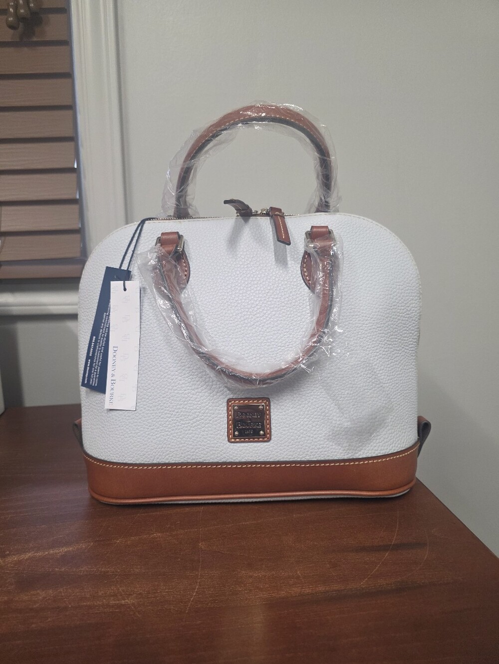 Dooney & Bourke Fog Gray Pebble Leather Satchel with Tan Trim